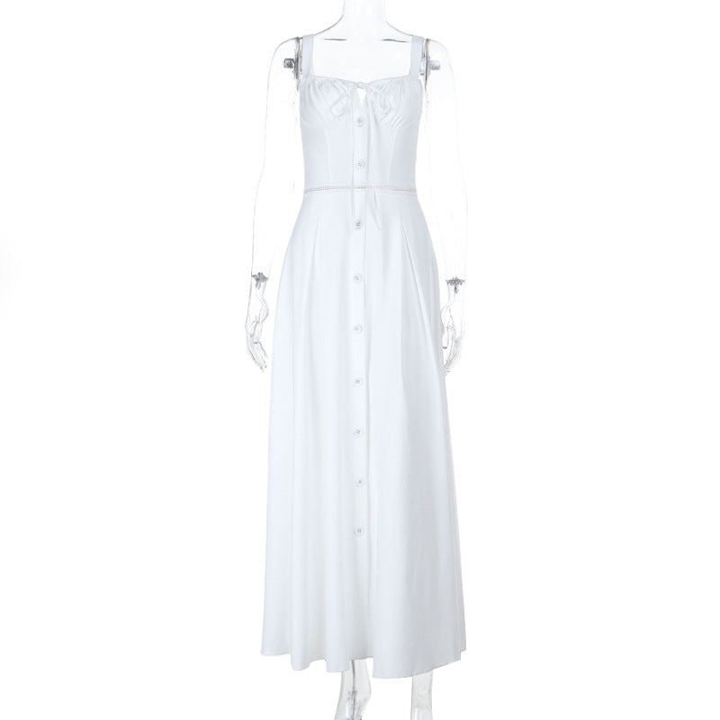 French Slim Fit U Neck Stitching Drawstring Lace up Sexy Waist Tight Cutout Sling Dress by Ragazza
