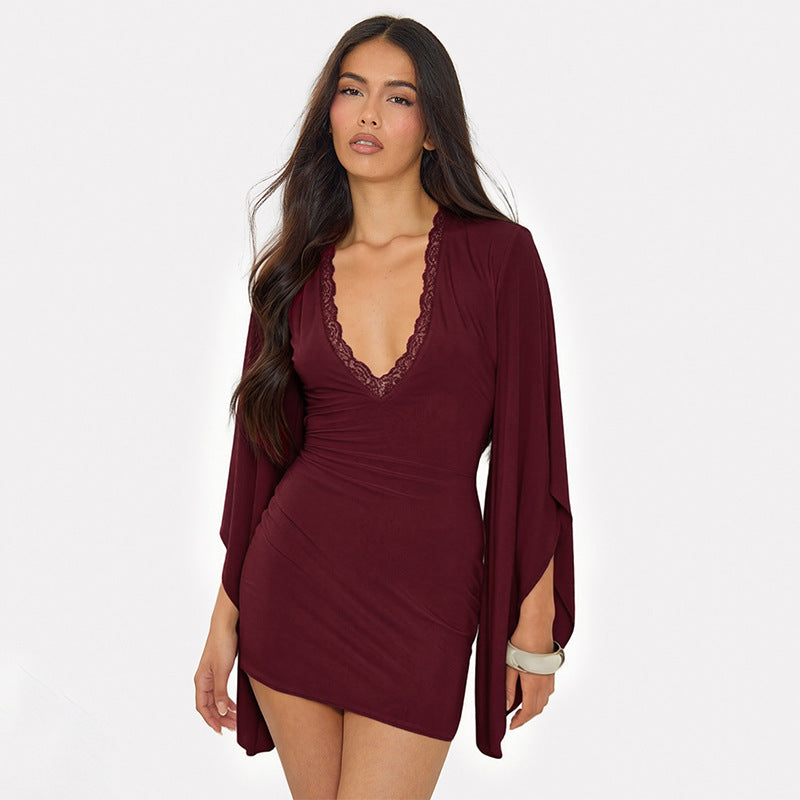Women Clothing Autumn Solid Color Casual Lace Flared Long Sleeve Bodycon Dress DestGlow