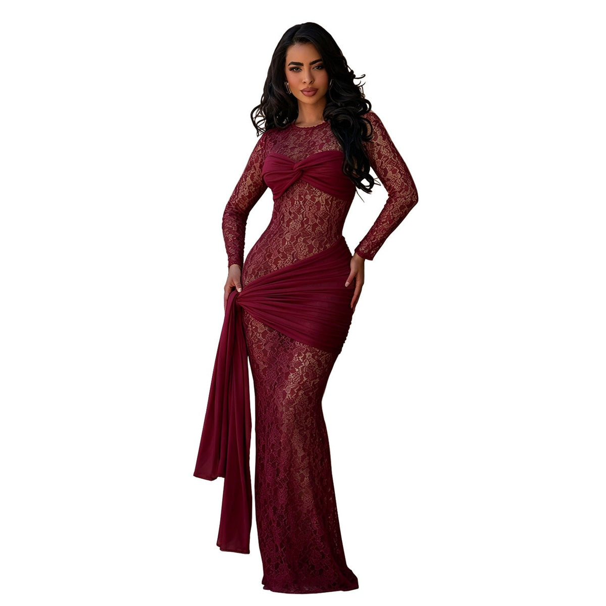 Women Wear Sexy round Neck Lace Slim Fit Long Sleeved Dress DestGlow
