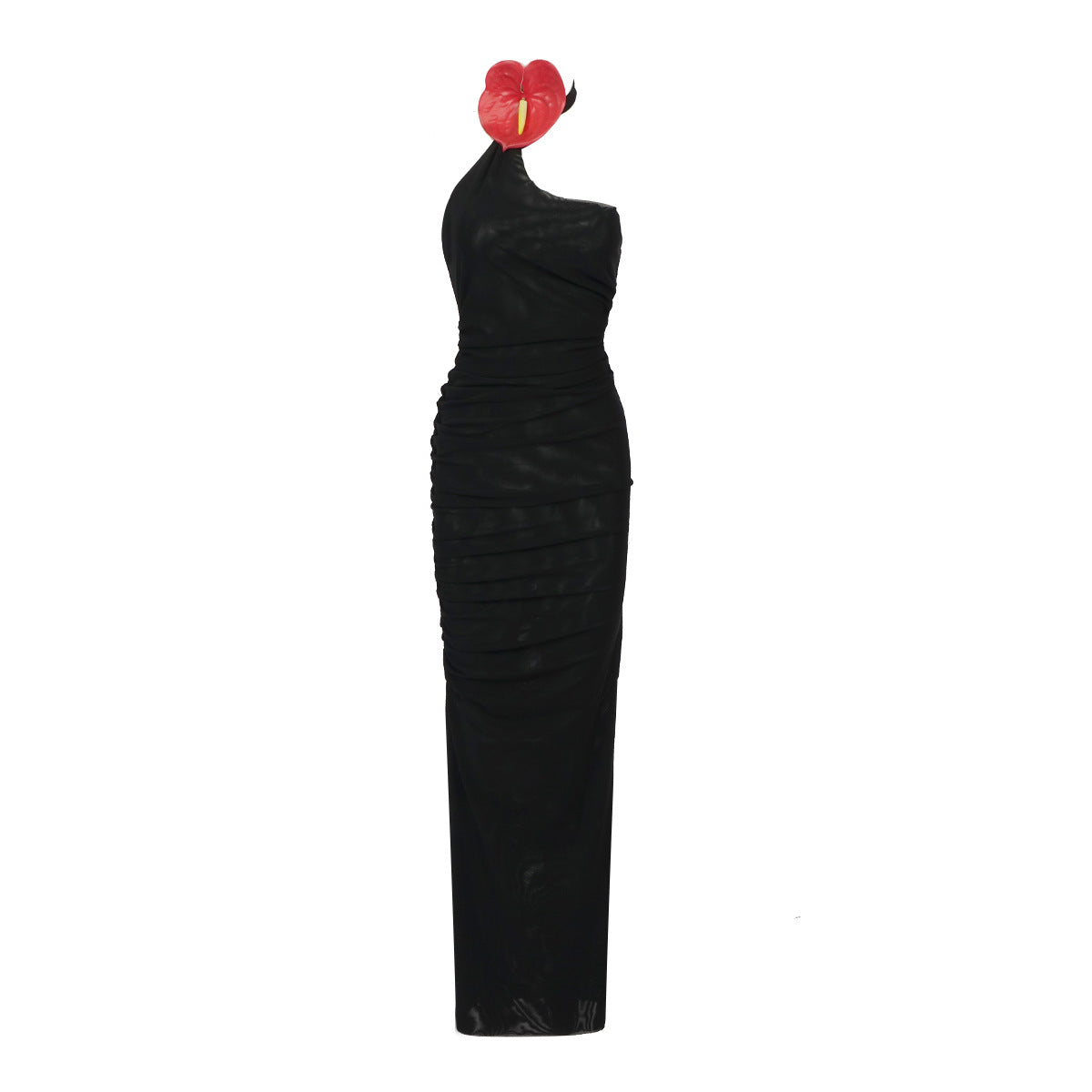 Black Diagonal Collar Mesh Elastic Semi Transparent Hip Sexy Women Lace Floral Red Goose Web Dress by Ragazza