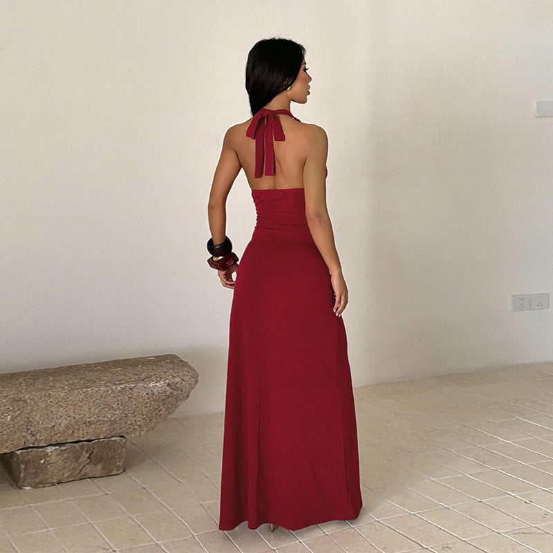 Women Evening Split Halter Party Pleated Dress DestGlow