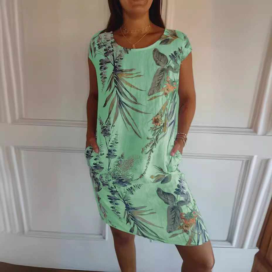 Women Clothing Summer Cotton Linen round Neck Printed with Pocket by Ragazza