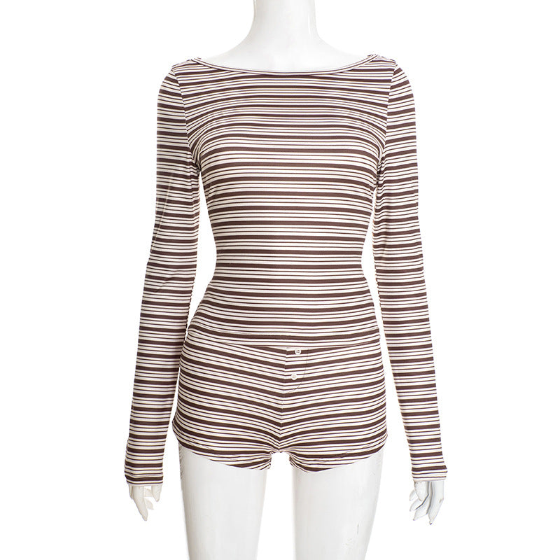 Women Clothing Autumn Winter Elegant Casual Striped Long Sleeved Top Short Shorts Set by Ragazza