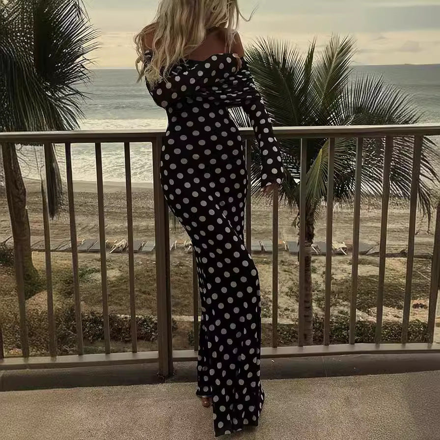 Spring Summer Gauze Polka Dot Stitching off Shoulder Sexy Slim Dress for Women by Ragazza