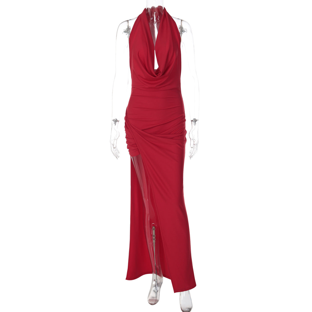Winter Women Clothing Sexy Deep V Plunge neck Solid Color Split Halter Backless Dress for Women by Ragazza