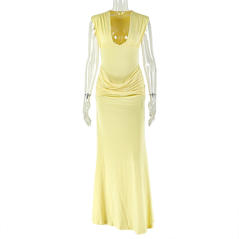 Simple Slim Fit Women Street Pleated Hip Dress Sexy V neck Sleeveless Elegant Dress by Ragazza