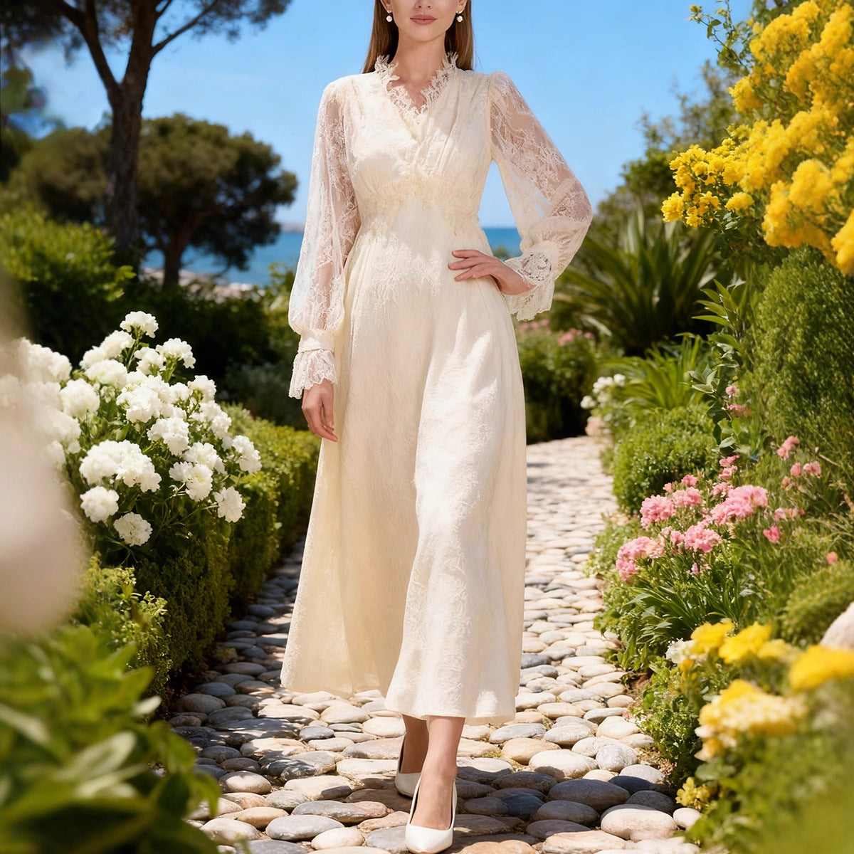 Lace Long Sleeve Elegant Dress Autumn High Sense V neck Waist Controlled Slimming Dress Women by Ragazza