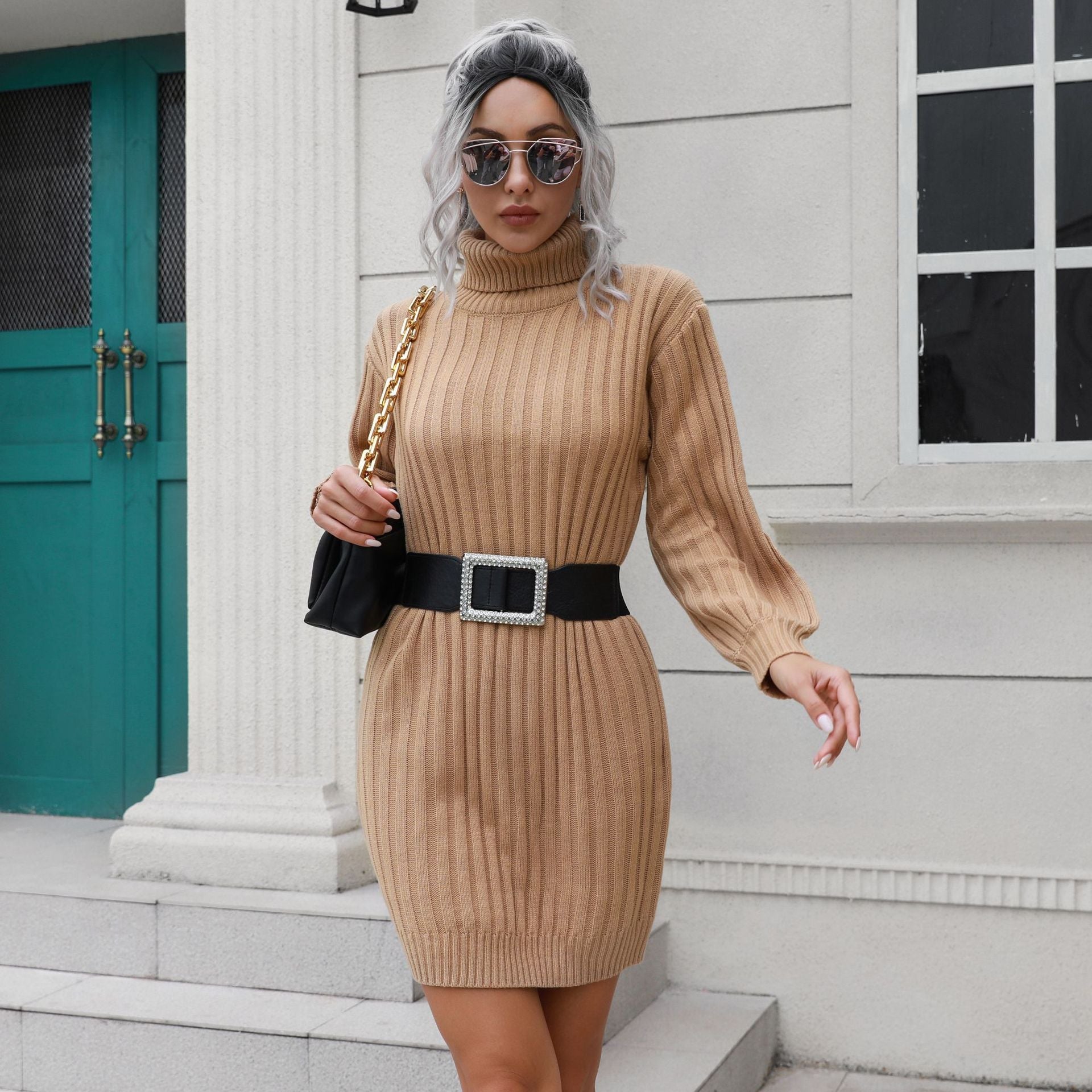 High Collar Sweater Dress Women Knitted Short Dress Autumn Winter Women Clothing by Ragazza