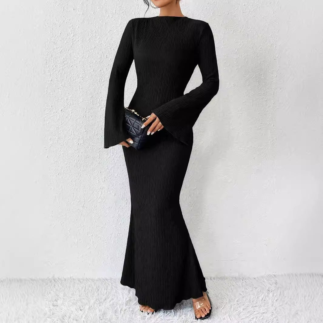Autumn Winter Women Clothing round Neck Flared Long Sleeve Slim Sheath Dress Women by Ragazza