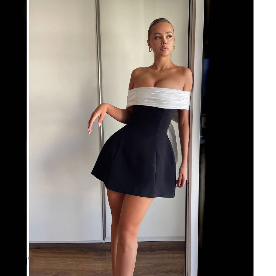 Spring Summer off Shoulder Black White Contrast Color Tight Waist a Swing Design Bow Dress by Ragazza