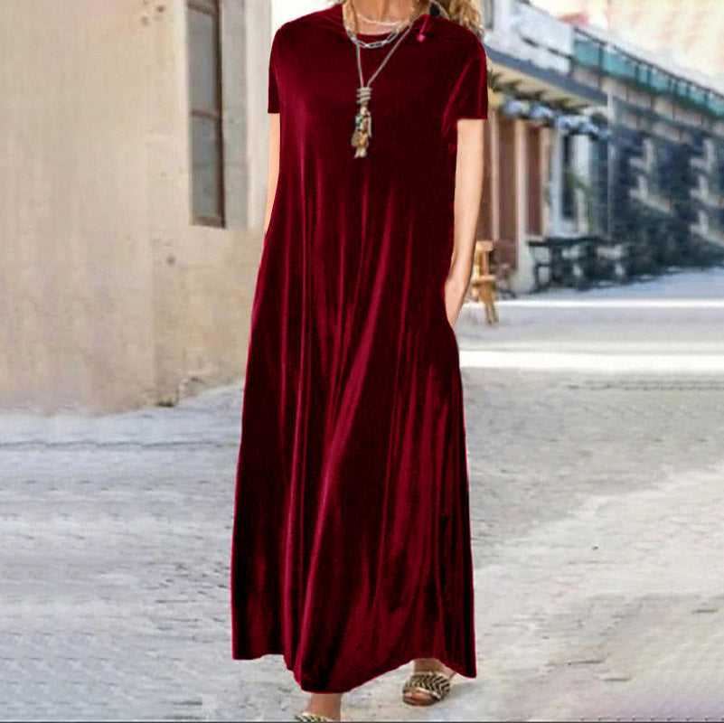 Spring Gold Velvet Slimming Crew Neck Maxi Dress by Ragazza