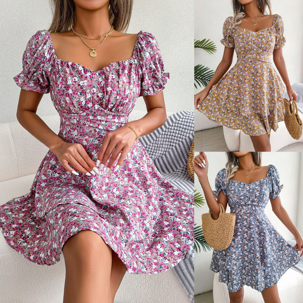 Spring Summer Elegant Floral Lace-up Waist-Controlled Large Hem Dress Women Clothing by Ragazza
