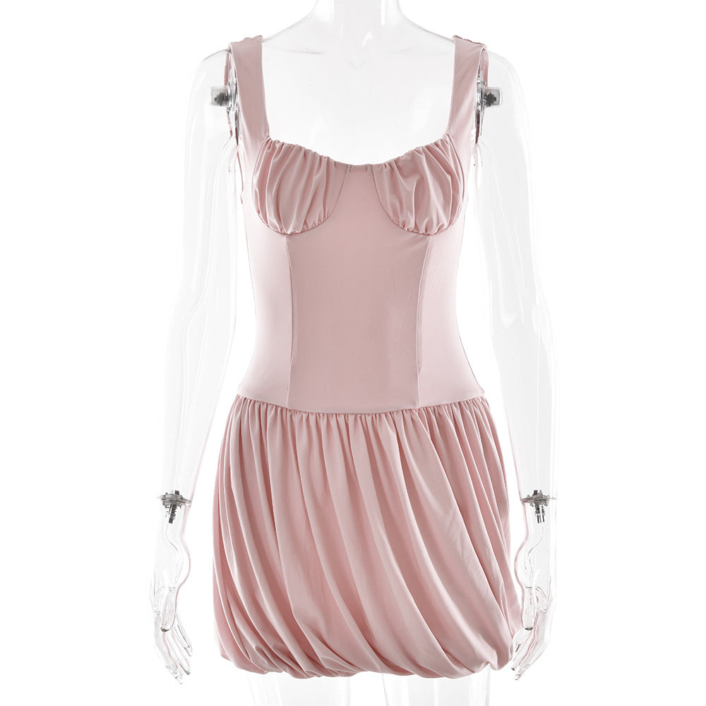 Strap Tube Top Dress Sexy Waist Trimming Solid Color Pleated Sleeveless Dress by Ragazza