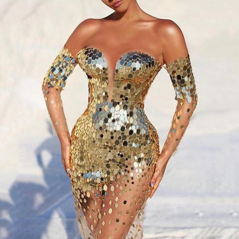 Summer Women Clothing Dress Sequined off Shoulder Sexy Mesh See through Long Evening Dress by Ragazza