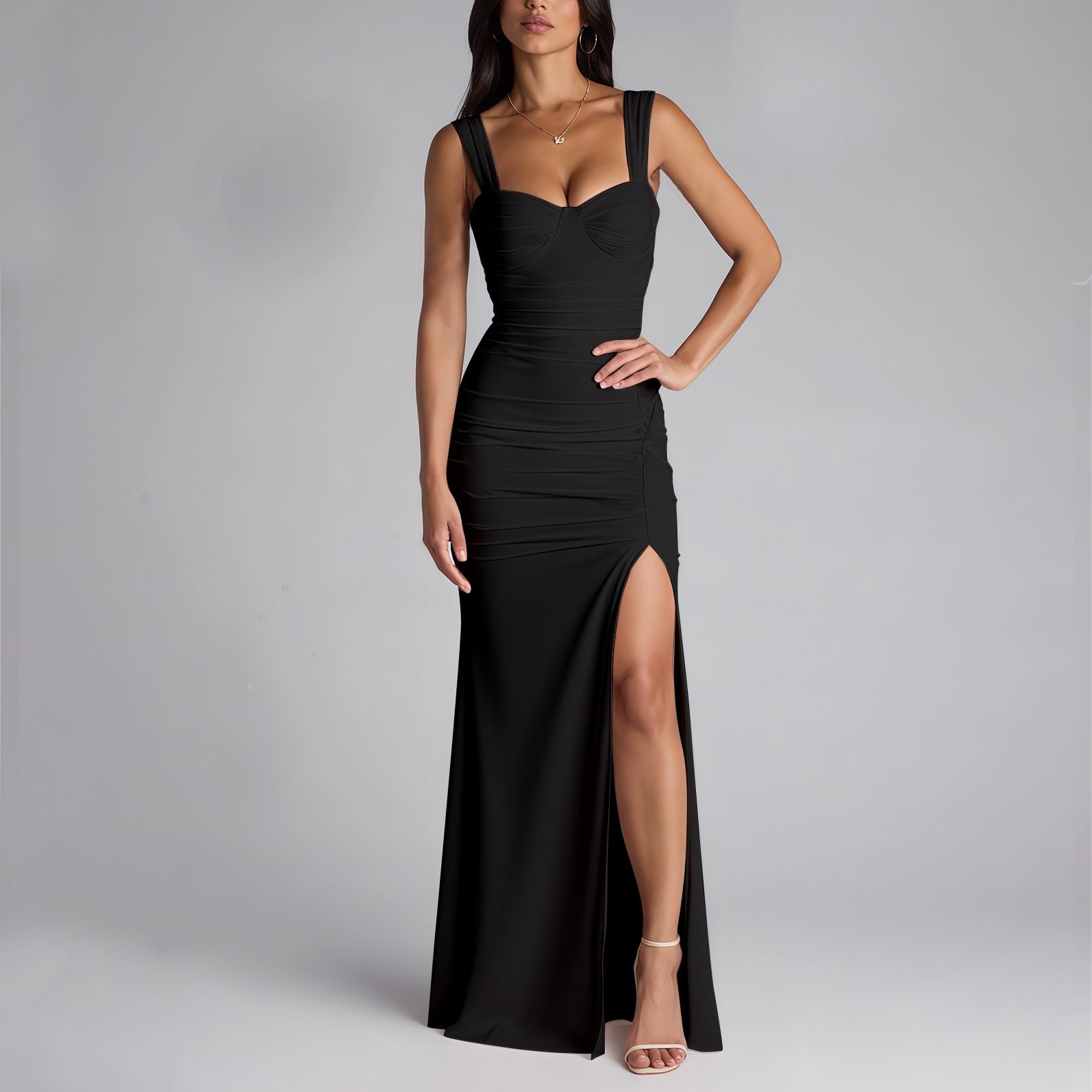 Mesh Camisole Dress Backless High Slit off Neck Slim Fit Ruffle Hip Dress DestGlow