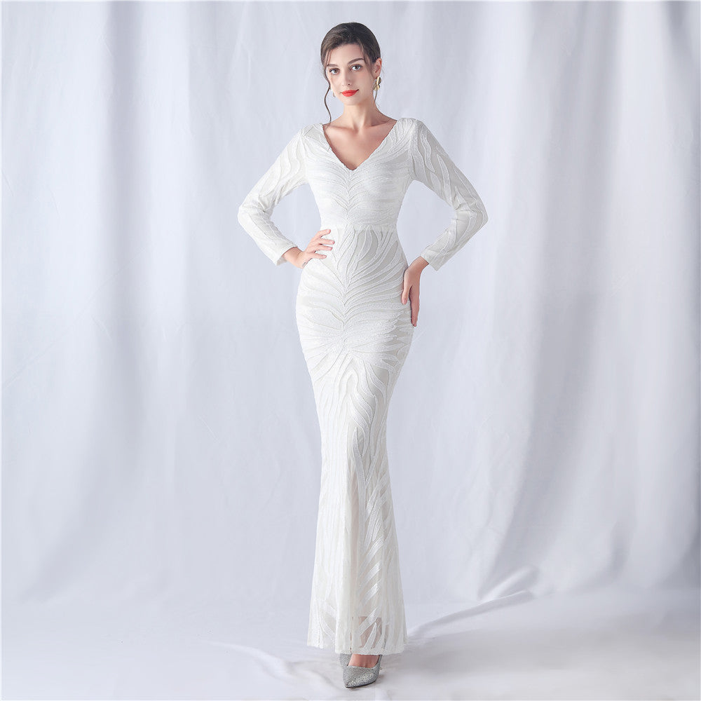 Positioning Floral Cutting Craft Magic Color Sequin Annual Meeting Wedding Long Sleeve Evening Dress by Ragazza