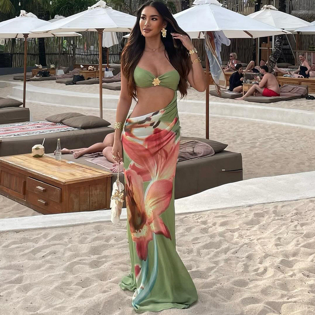 Spring Women Clothing Vacation Sexy Cropped Wrapped Chest Spaghetti Strap Floral Print Dress for Women DestGlow