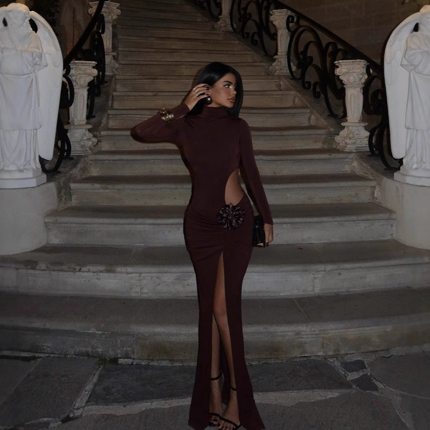 Sexy Women Clothing Hollow Out Cutout out Socialite Private Dress Evening Dress Elegant Three Dimensional Floral Turtleneck Dress by Ragazza