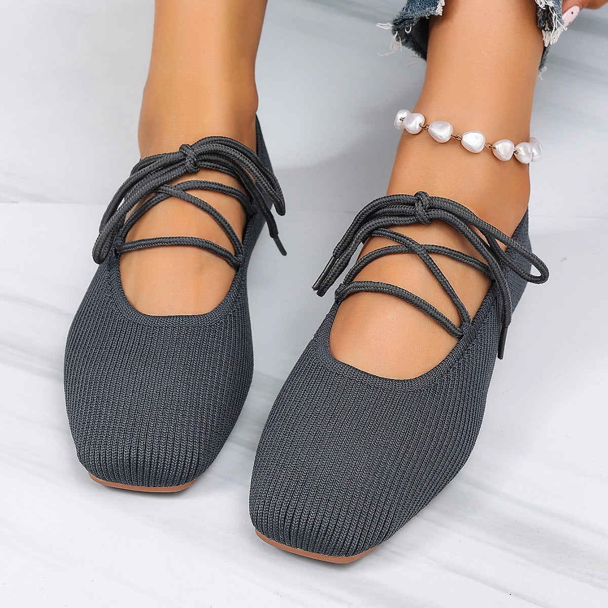 Arrival Square Toe Mary Jane Low Top Shoes Women Summer Flyknit Shallow Mouth Flat Bottom Lace up Boat Shoes