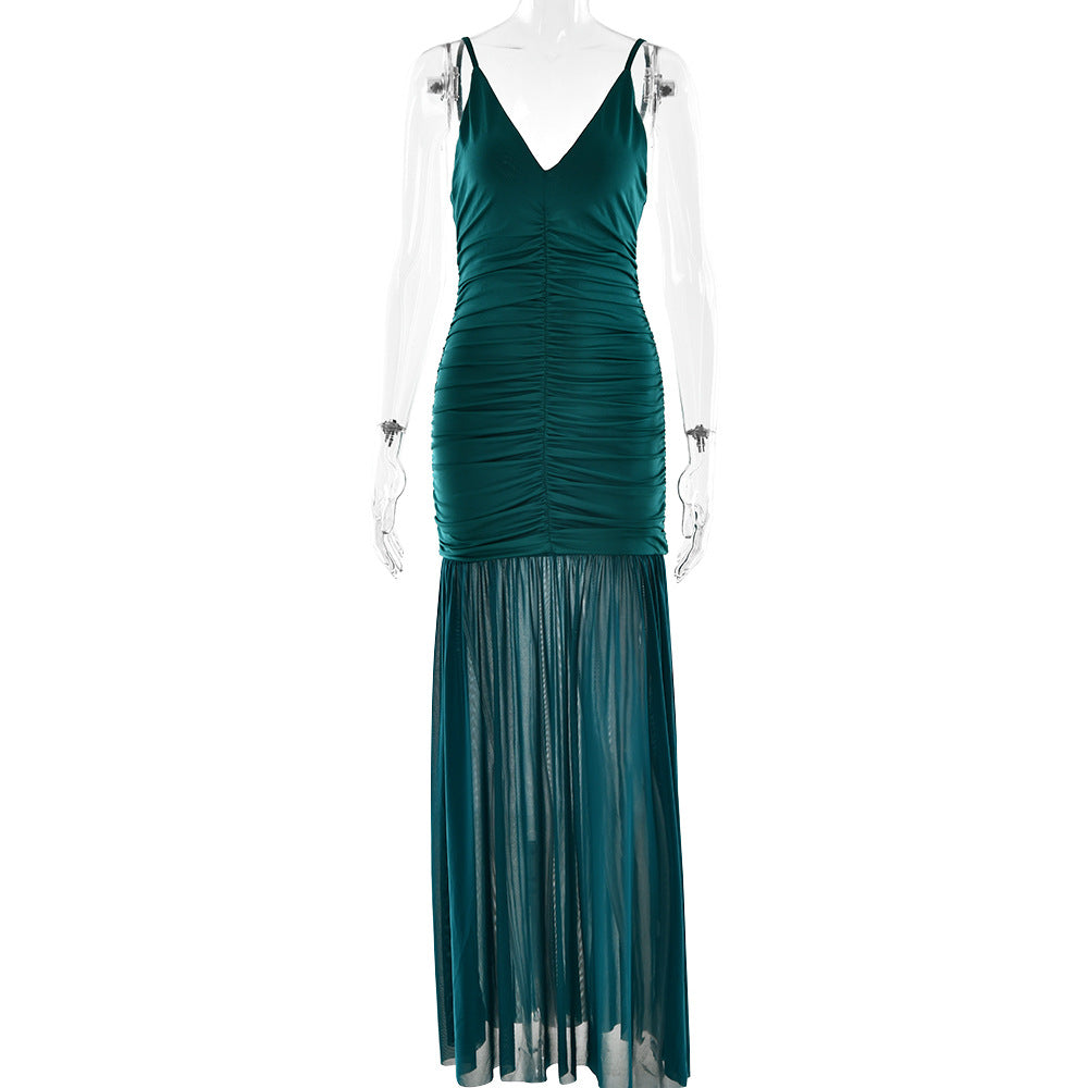 Elegant Straps Tulle Dress Sexy Deep V Plunge Pleated Stitched Backless Maxi Dress by Ragazza