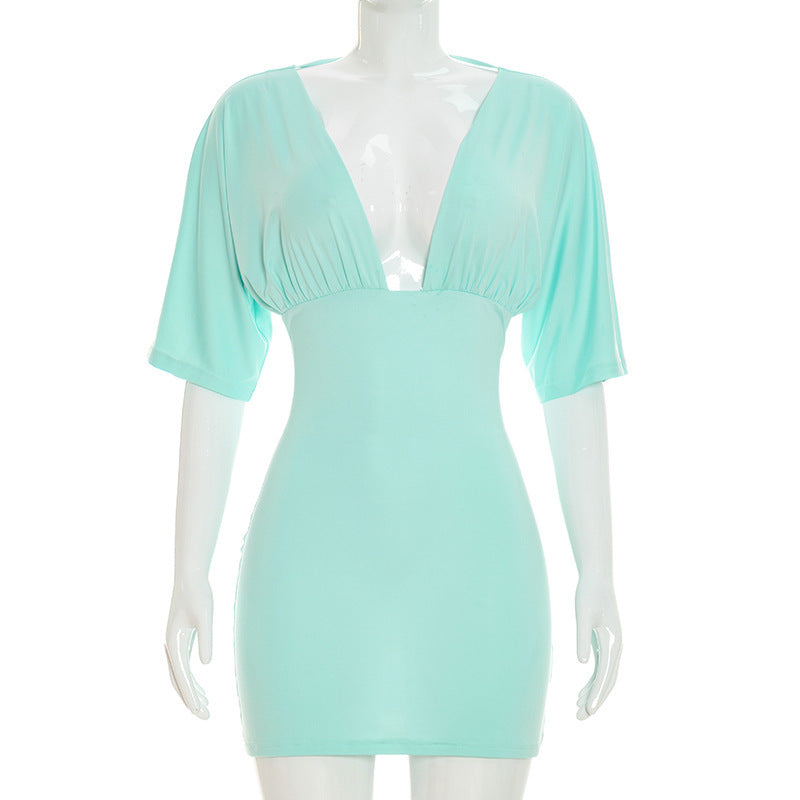 Women Clothing Summer Solid Color V neck Pleated Half Sleeve Slim Sheath Dress Women DestGlow