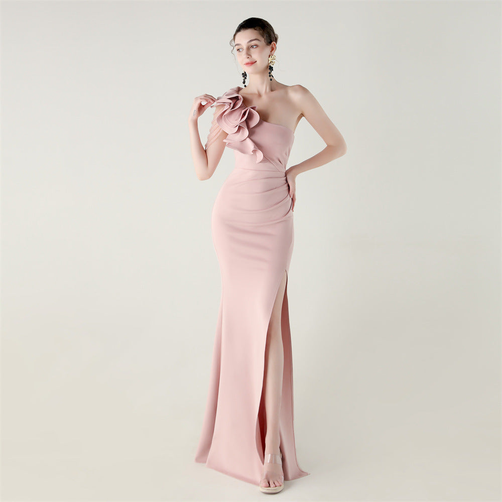 One Shoulder Craft Beading Wave Floral Satin High Slit Sexy Evening Dress Dinner Party Wedding Social by Ragazza