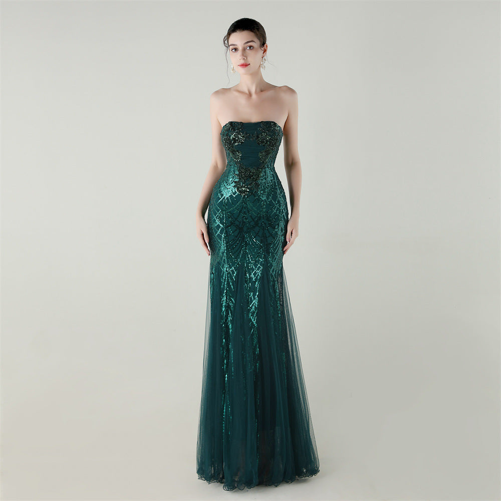 Tube Top Cross Strap Beaded Tube Floral Sequin Mesh Evening Dress Cocktail Wedding Social Elegant Clothing by Ragazza