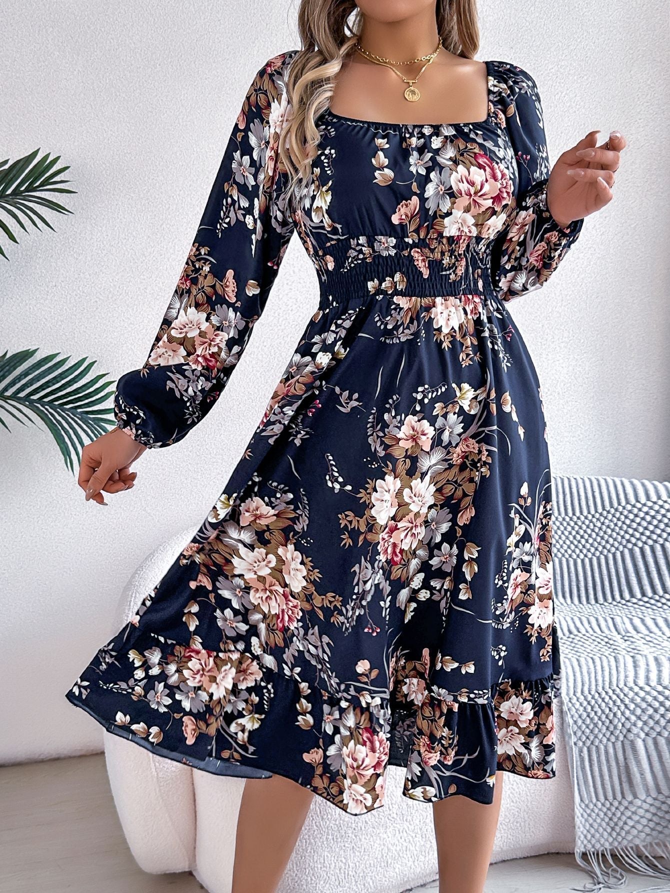 Spring Summer Elegant Floral Square Collar Long Sleeve Waist Trimming Ruffles A line Women Clothing by Ragazza