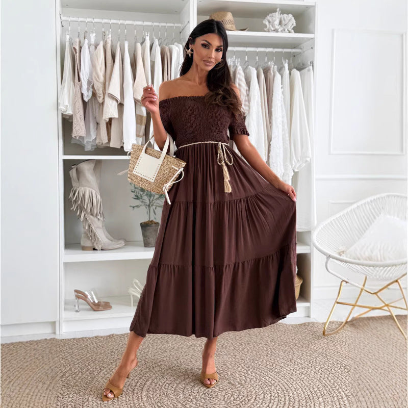 Women Clothing Summer Solid Color off Neck Short Sleeve Elastic Waisted Lace up Stitching Dress by Ragazza