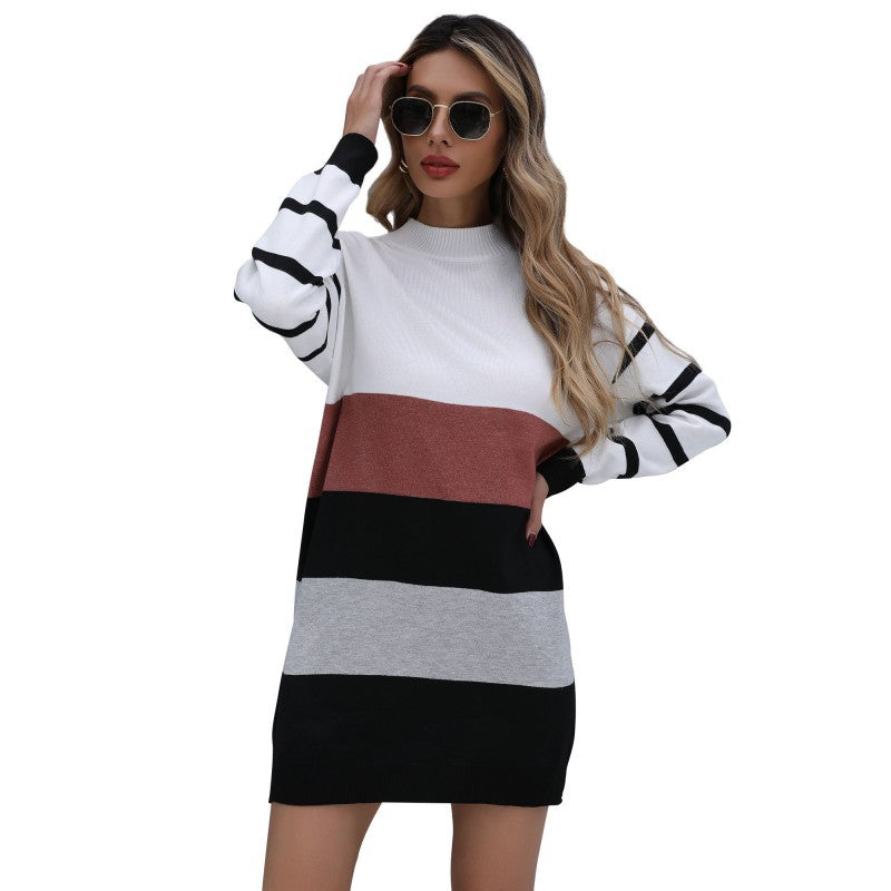 Women Clothing Autumn Winter Color Matching Fashionable Long Knitted Base Sweater Dress DestGlow