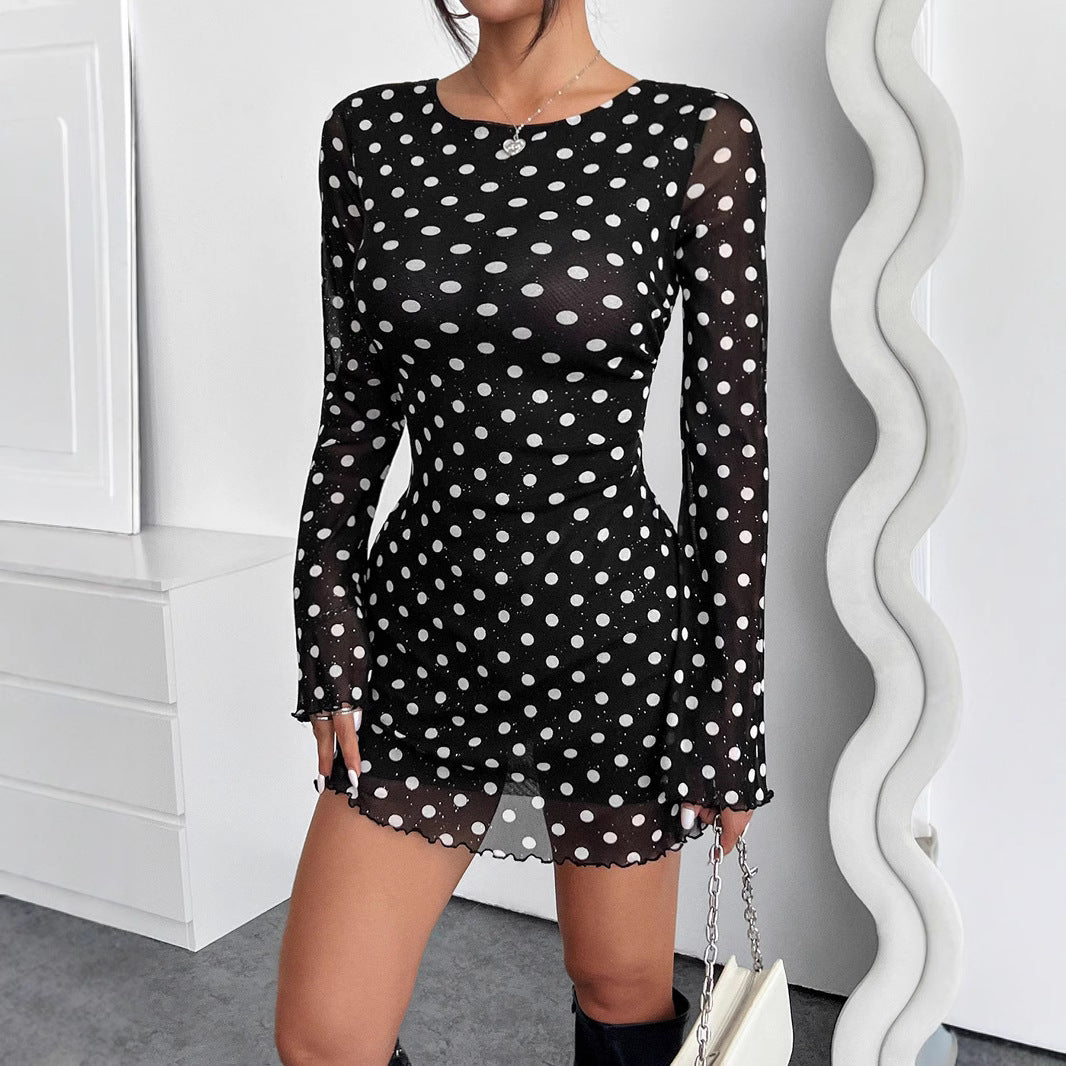 Elegant Mesh Polka Dot Printed round Neck Backless Long Sleeves Dress by Ragazza