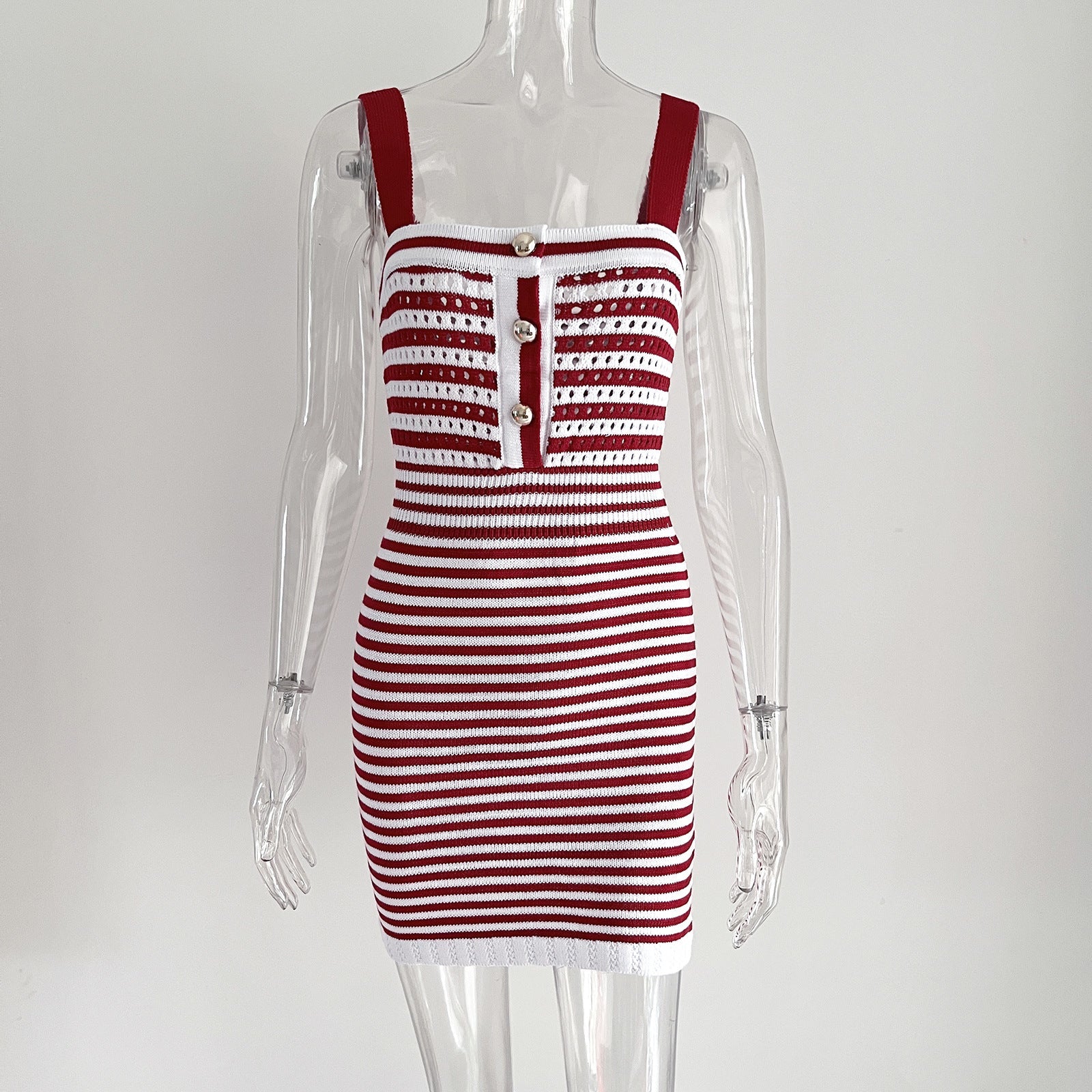 Button Hollow Out Cutout out Striped Spaghetti Straps Woolen Women Short Knitted Dress Summer Women Clothing by Ragazza