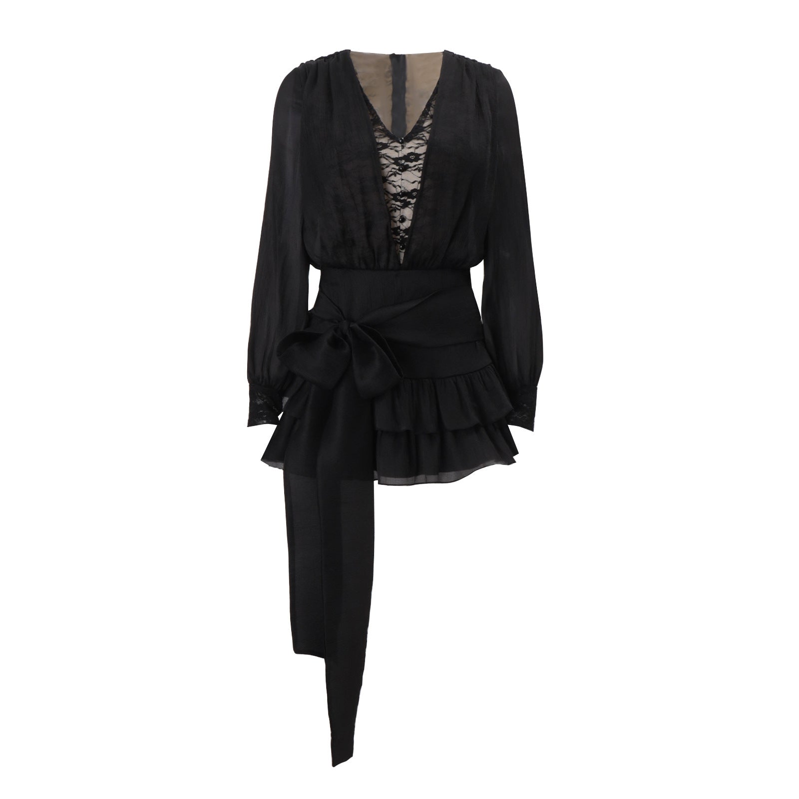 Autumn French Pure Lace Splicing Sexy V neck Long Sleeve Dress by Ragazza