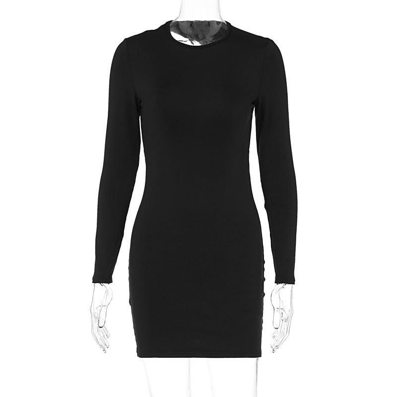Women Clothing Summer Solid Color round Neck Backless Slim Fit Hip Bag Dress Sexy by Ragazza