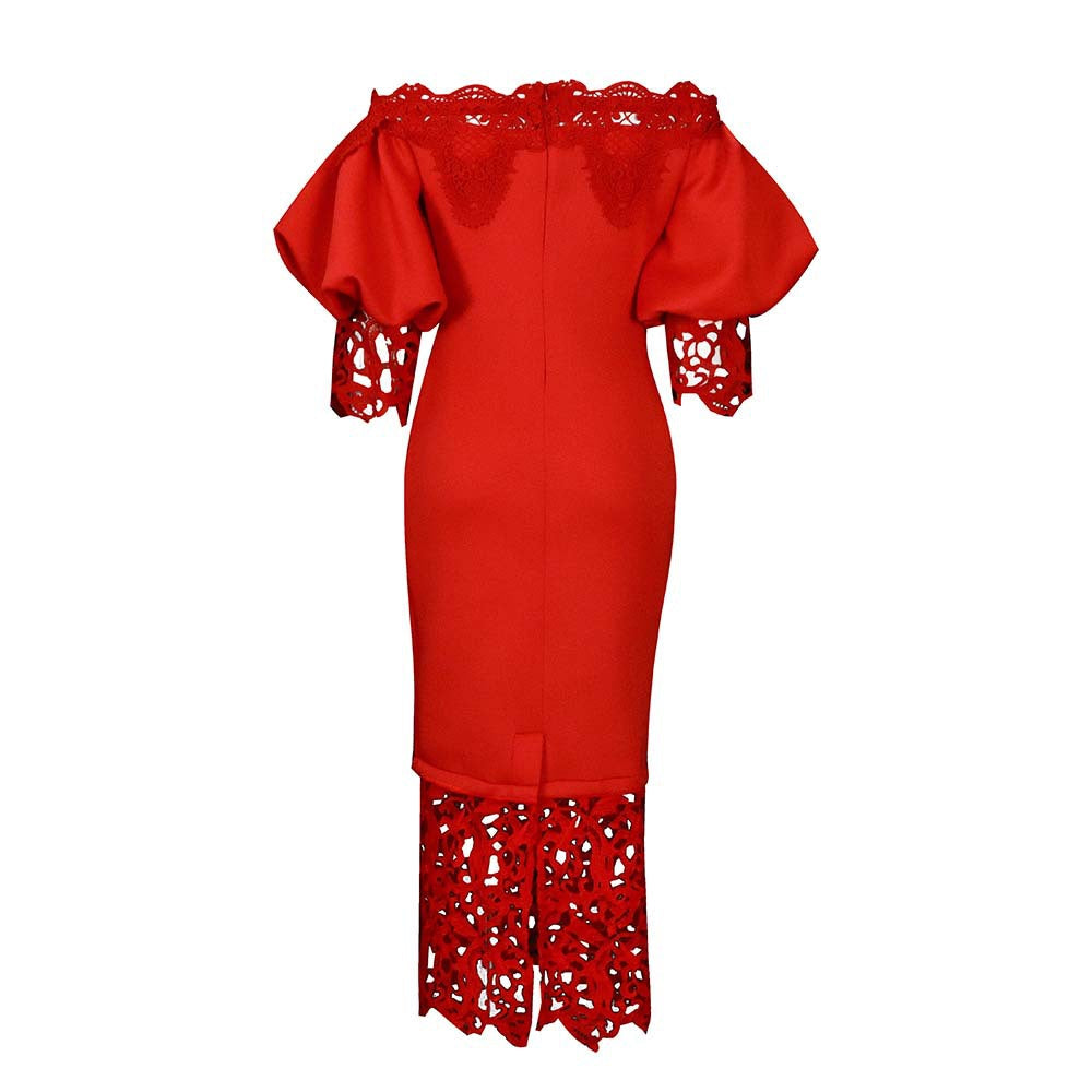 Women Clothes Elegant Lace Stitching Off Neck Dress by Ragazza