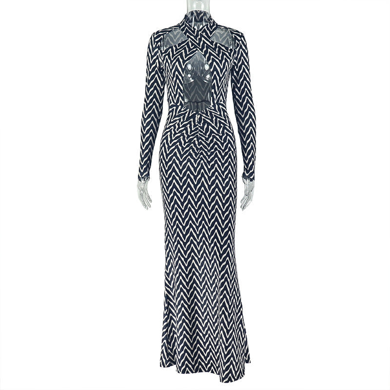 Women Hollow Out Cutout Design Striped Hip Dress Hanging Collar Long Sleeve Printed Dress by Ragazza