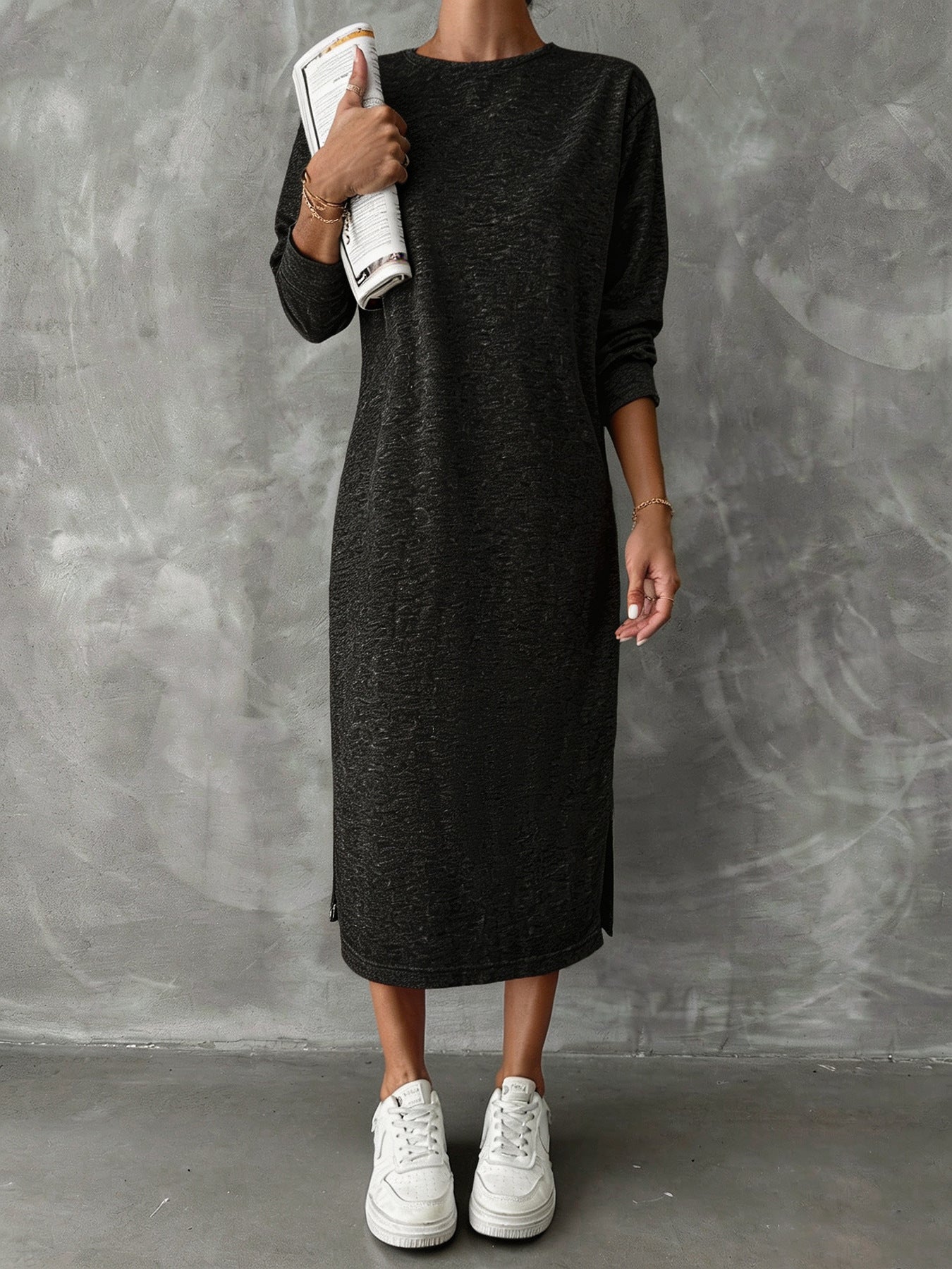 Solid Color Long-Sleeved Dress Women Spring Autumn Idle Drop Shoulder Sweater Dress All Matching Base Straight Midi Dress DestGlow
