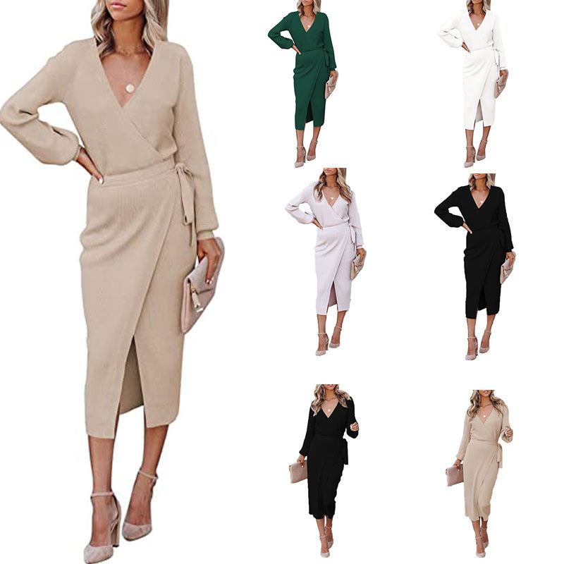 Autumn Winter Women Clothing Maxi Dress Elegant Graceful V-neck Knitted Dress DestGlow