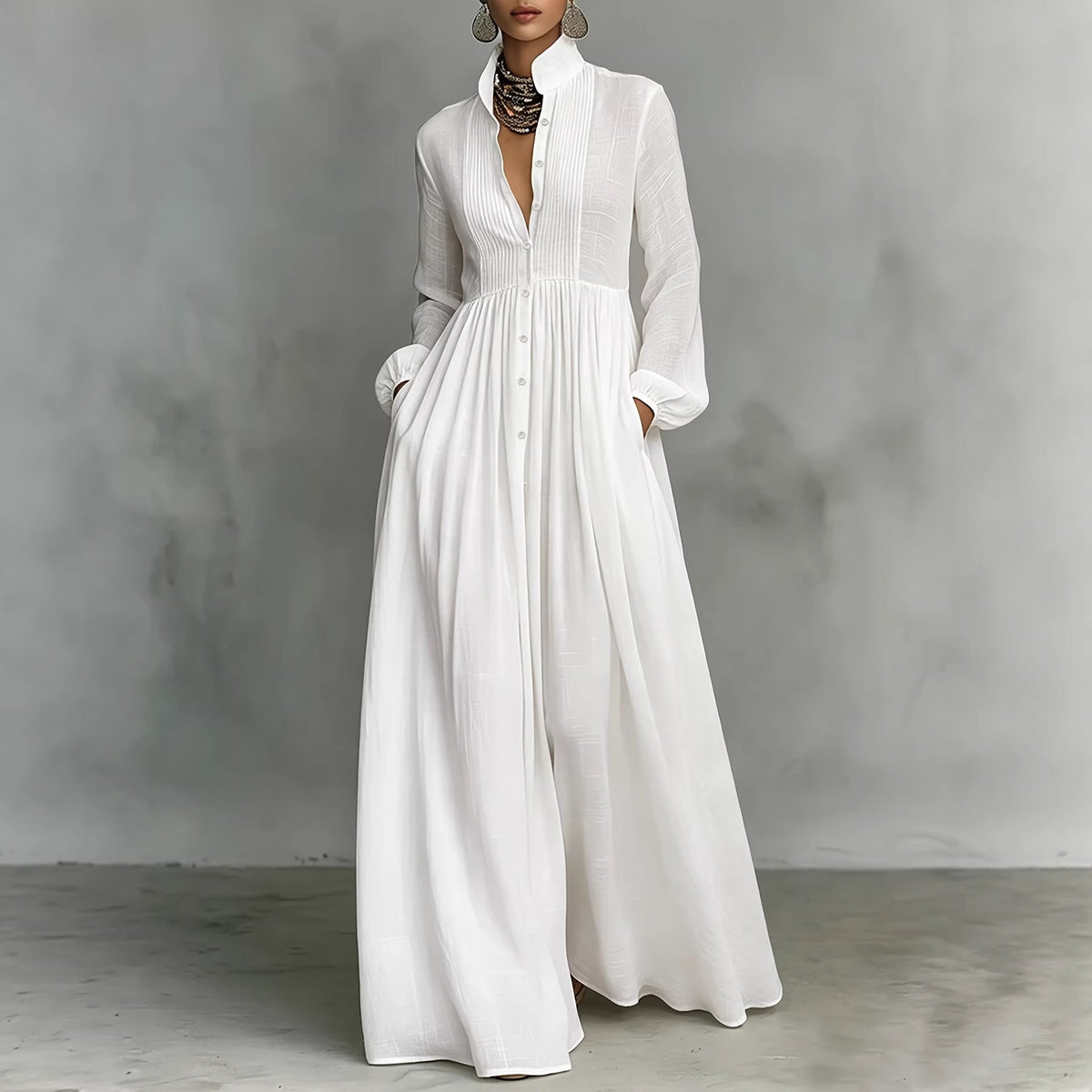 French Waist Controlled Long Sleeves Pleated Shirt Dress Pure Cotton High Quality Casual Vacation Maxi Dress DestGlow