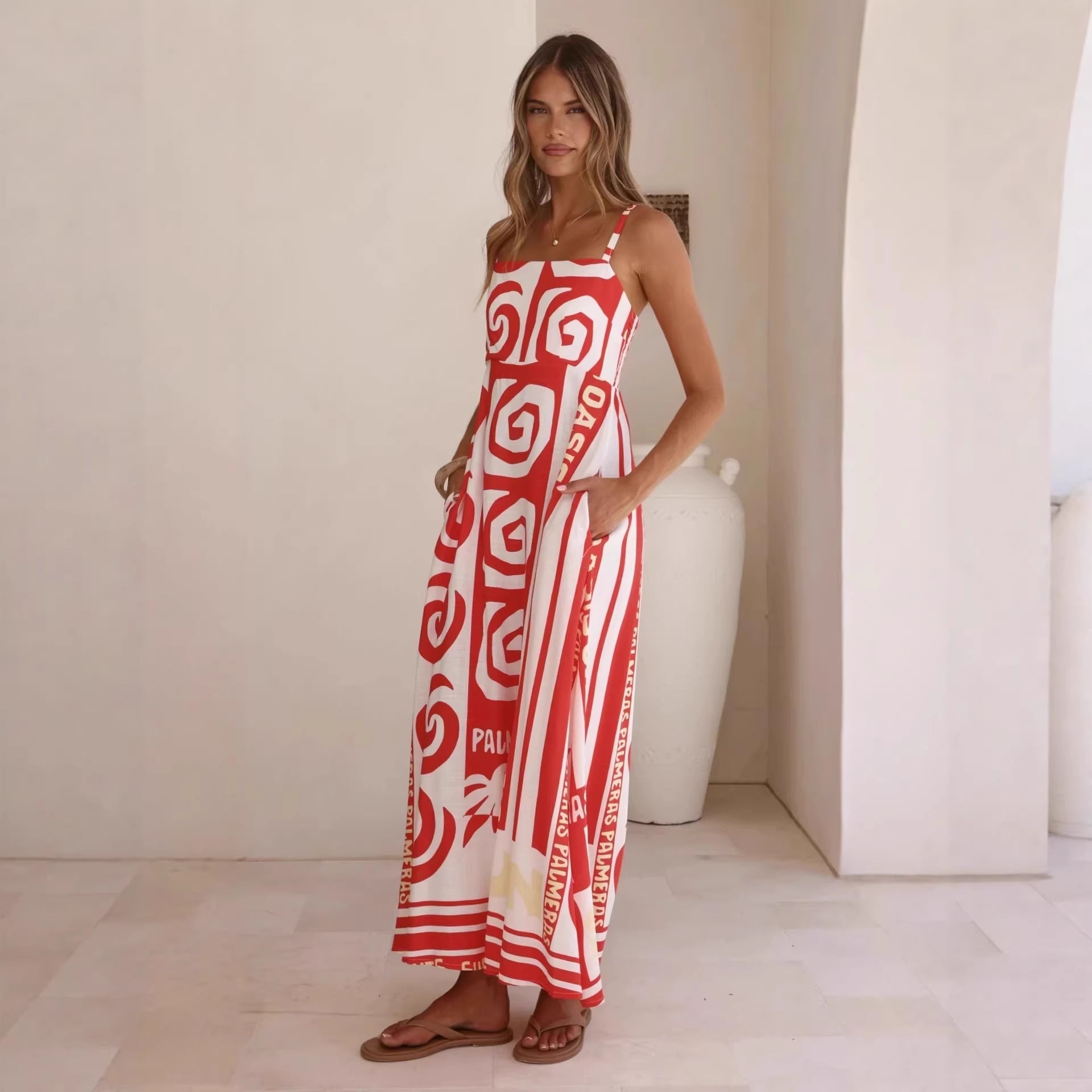 Summer Geometric Abstract Print Vacation Large Swing Cami Dress Women Dress by Ragazza