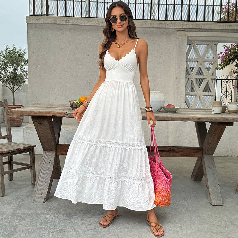 Simple Vacation White Lace Sling Cake Large Swing Dress by Ragazza