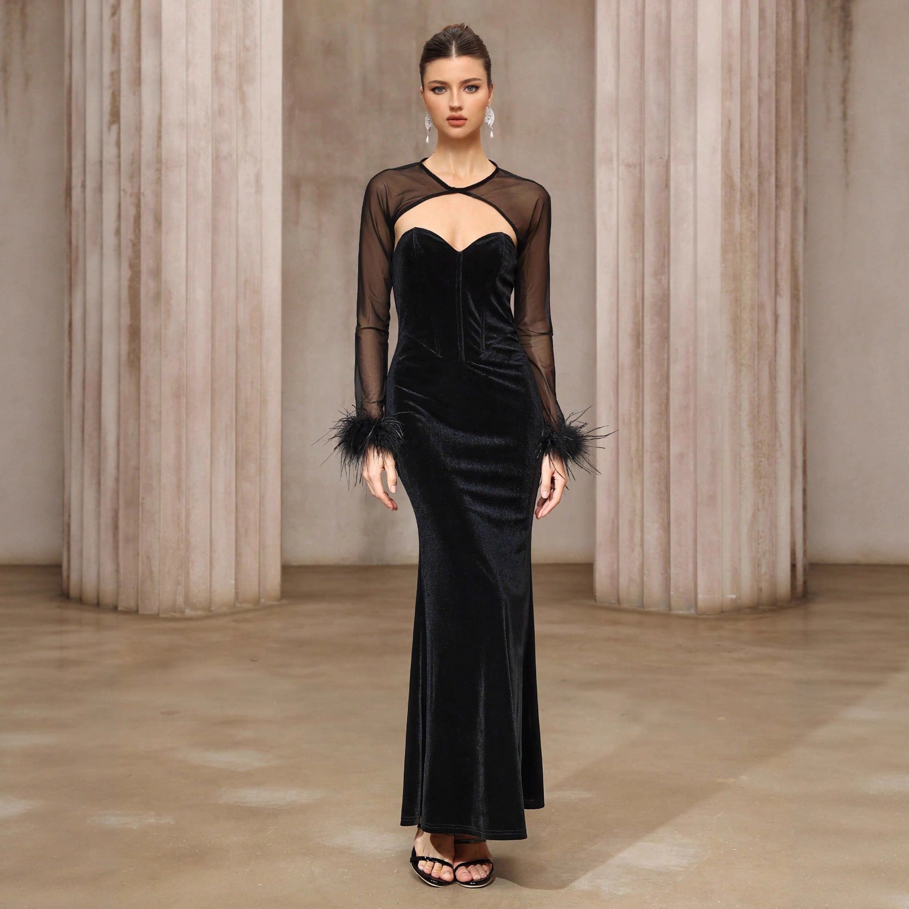 Dress Two Piece Semi Transparent Mesh Top Velvet Tube Top Dress Dinner Light Luxury Cheongsam by Ragazza
