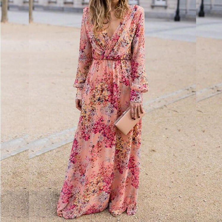 Summer Women Dress Bottoming Dress Sexy Collar Lace Printing Waist Controlled Large Hem Dress DestGlow