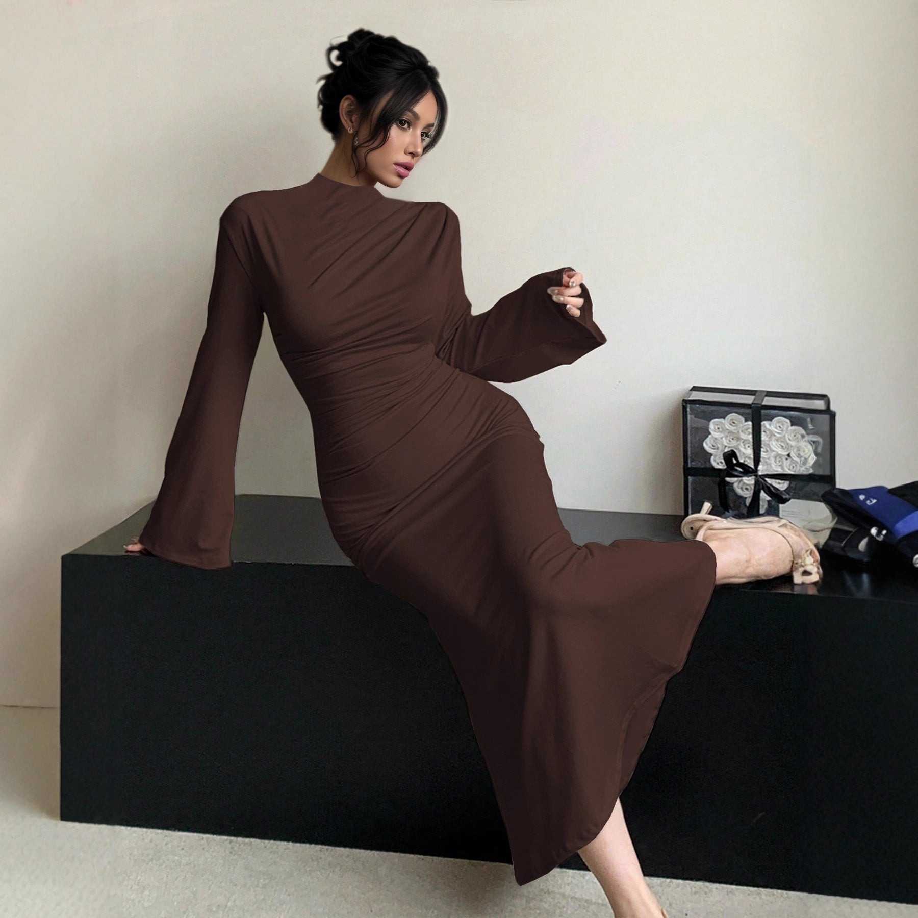 Sexy Minimalist Dress Slim Fit Wild Bell Sleeve Half Turtleneck Sheath Dress by Ragazza