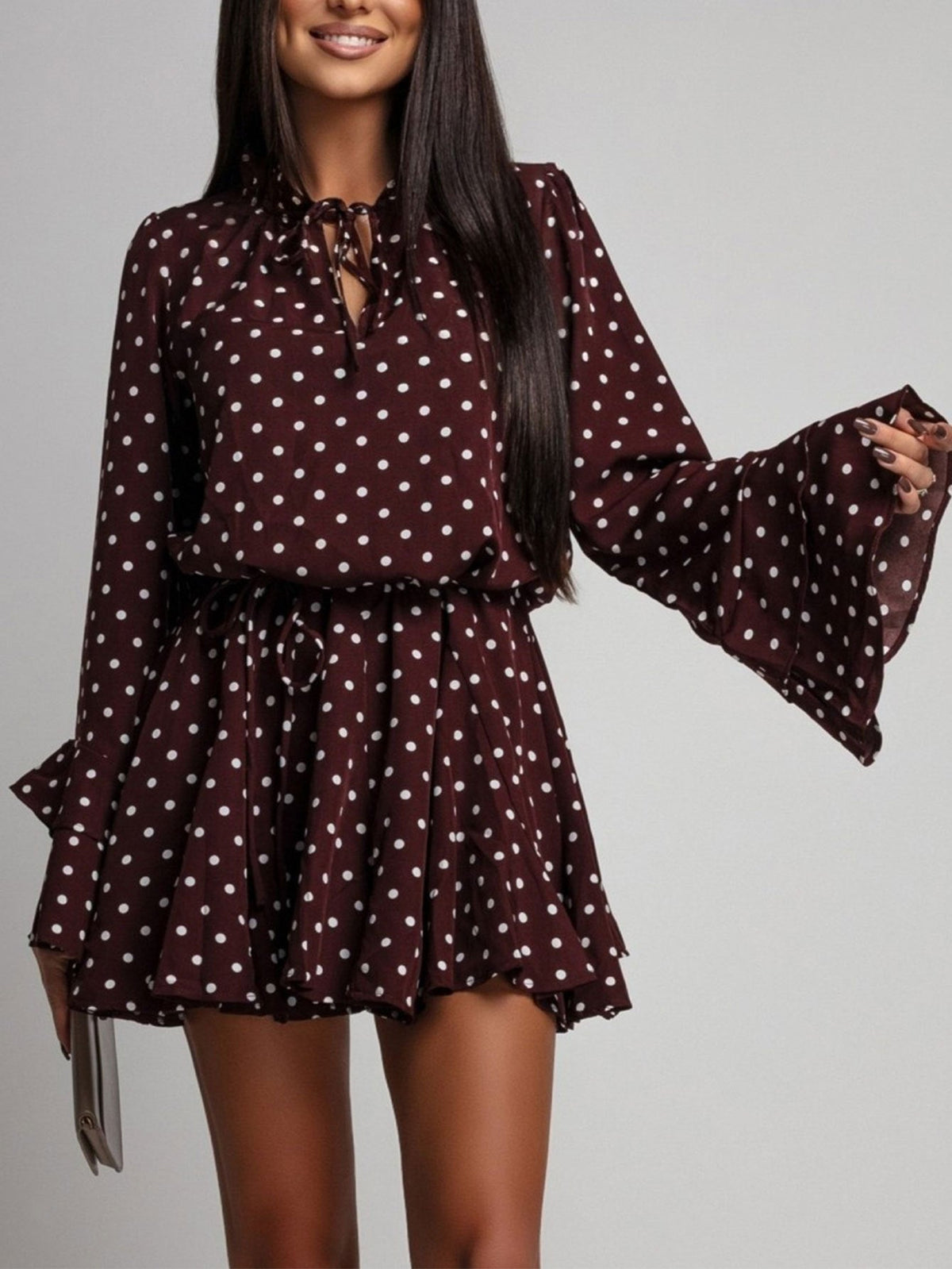Women Polka Dot V neck Long Sleeve Dress DestGlow
