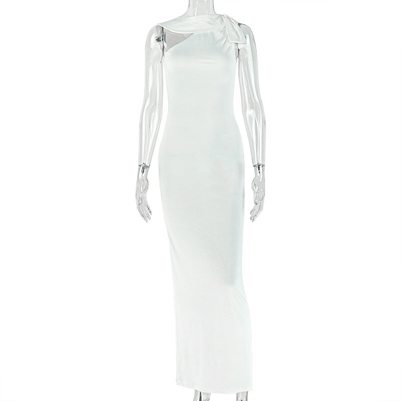 Solid Color Women Waist Slimming Hip Dress Diagonal Collar Sleeveless Asymmetric Maxi Dress DestGlow