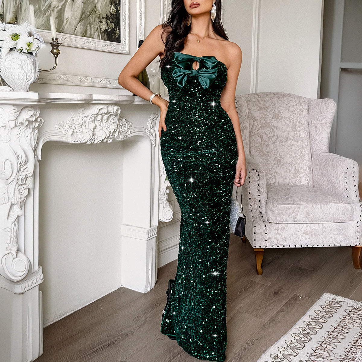 Women Elegant Evening Dress Tube Top Sexy Maxi Dress