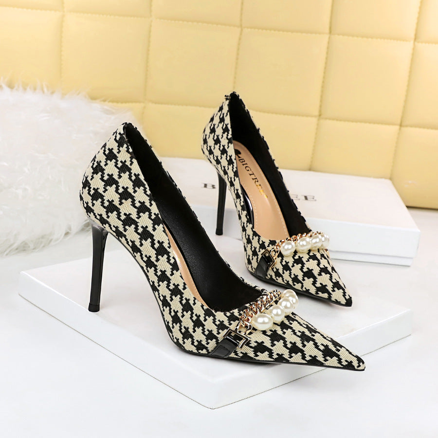 Houndstooth High Heels Stiletto Heel Shallow Mouth Pointed Pearl Chain Plaid Women Shoes DestGlow