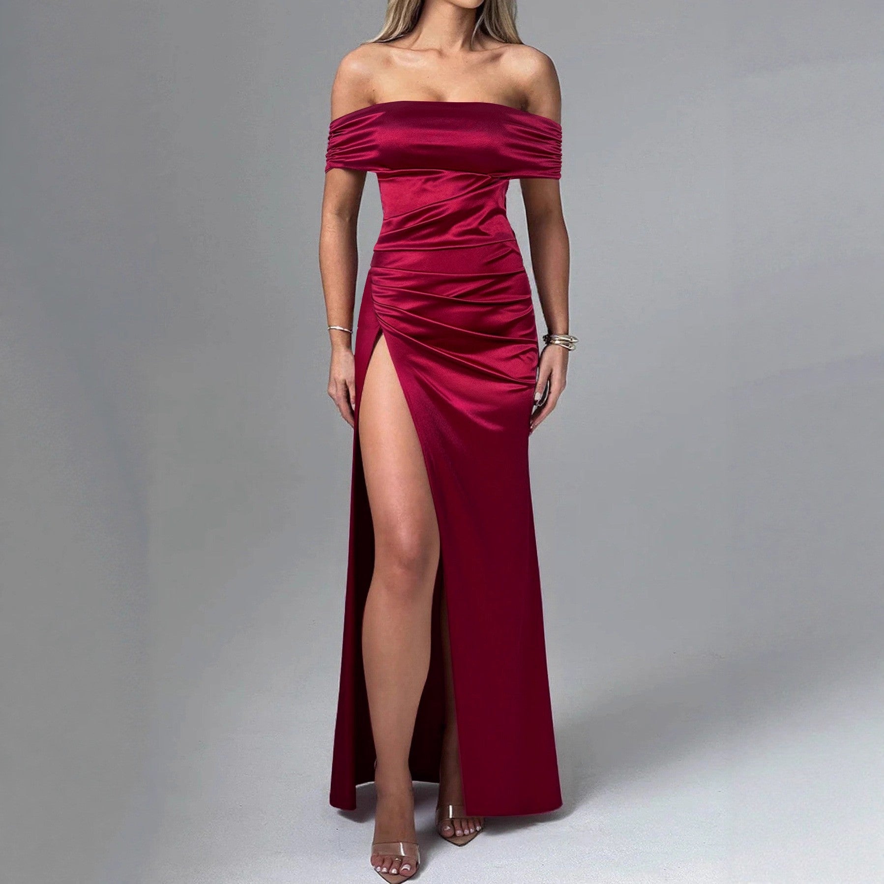 Women Dress Sexy High Split off Neck Slimming Elegant Pleated High Grade Dress by Ragazza