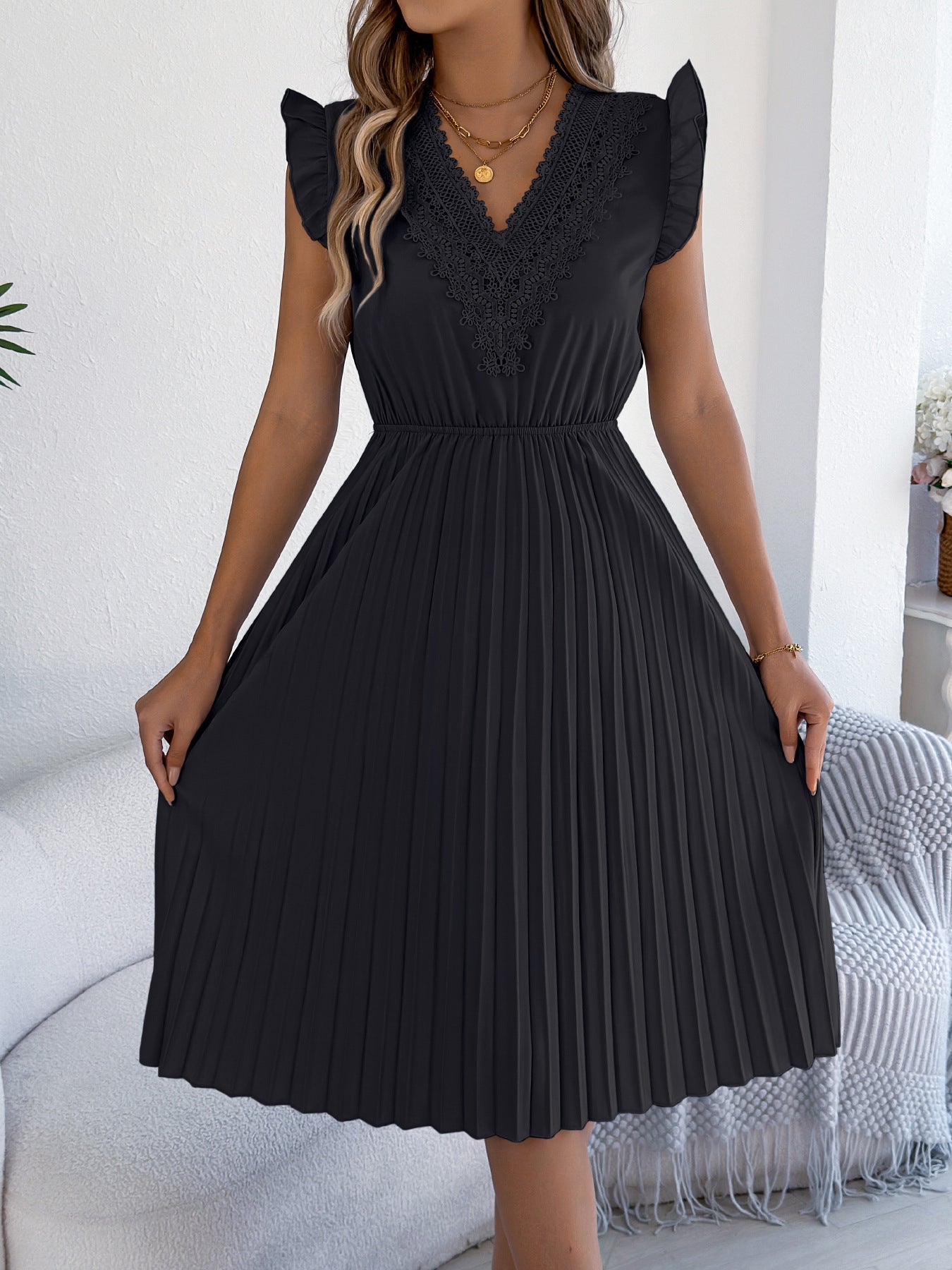 Women Clothing Spring Summer Casual Lace V neck Wooden Ear Cinched Pleated Dress by Ragazza